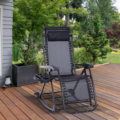 Foldable Rocking Chair , Outdoor Gravity Reclining With Pillow, Cup & Phone Holder, Black, Steel Rarity Black - Lounge Holder Snack Tray
