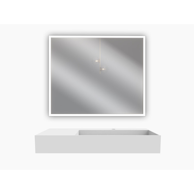 Juniper 36" Solid Surface Wall Mount Modern Minimalist Right Basin Bathroom Sink and LED Mirror Set, White