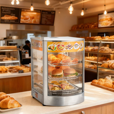 Réchaud commercial à 3 niveaux, présentoir alimentaire 800 W avec lumière DEL, tablette réglable et cadre en acier inoxydable, chauffage à air chaud 86 185 185 ℉, 60 L pour hamburger, pizza, pain, poulet frit