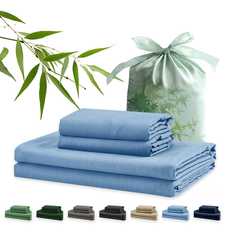 4 Piece Twin Size Sheet Set, 100% Rayon Derived from Bamboo Sheet Set, Cooling & Breathable, Luxury Silky Soft, Deep Pocket up to 16", Blue