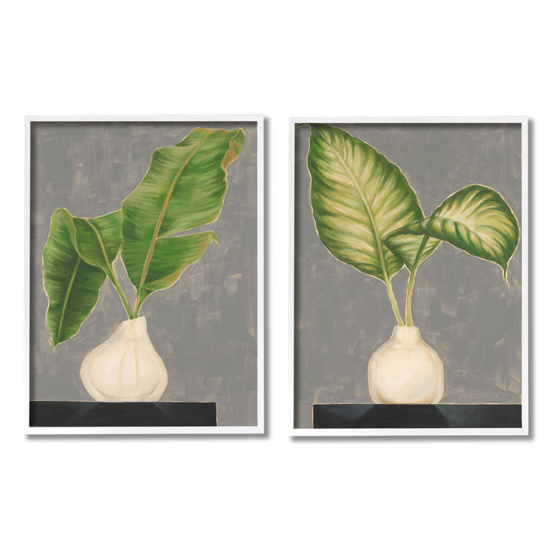 Large Green Palm Leaf Still Life White Framed Wall Art Set