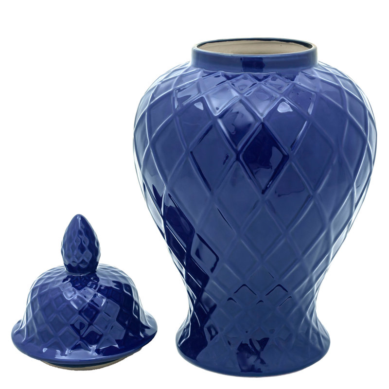 19.5" Diamond Pattern Antique White Temple Jar, Blue