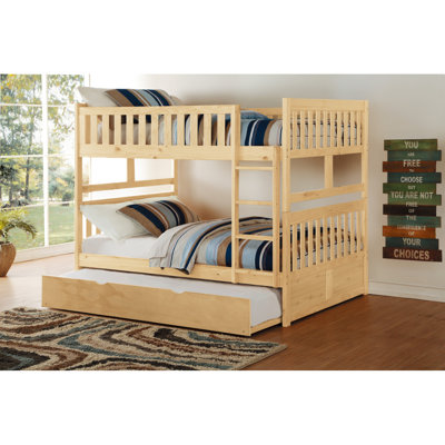 Full Over Full Bunk Bed With Trundle Natural Pine Finish Sturdy Ladder Wooden Guard Rails Transitional Bedroom Furniture 1Pc