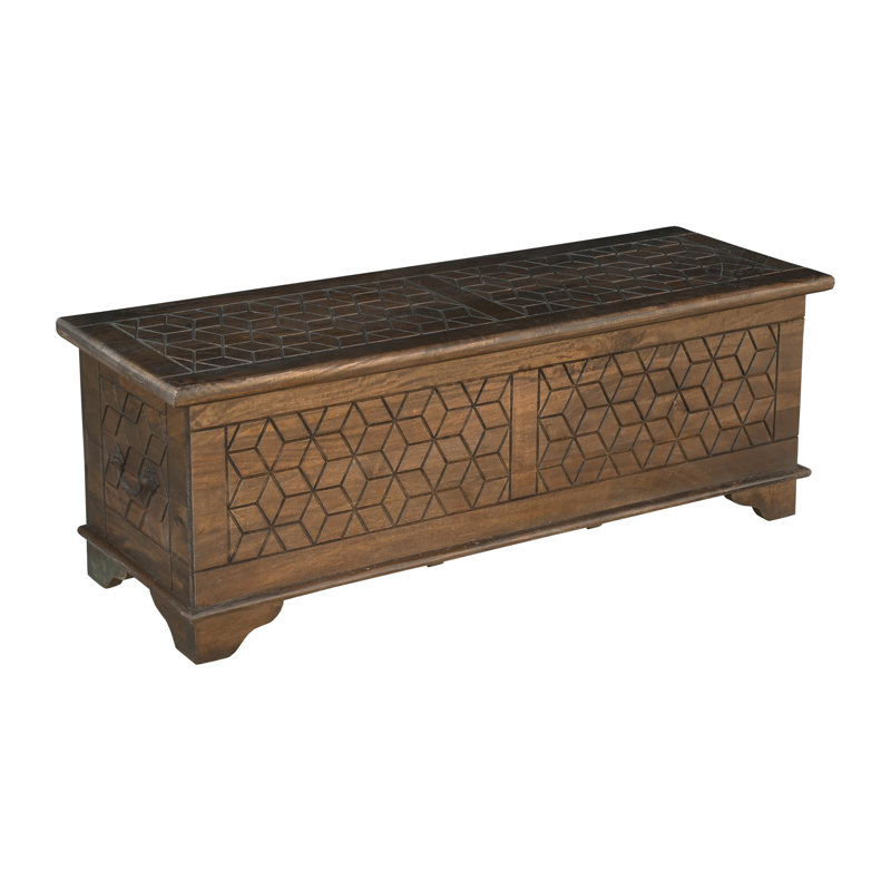 Geometric Carved Solid Wood Storage Ottoman, Brown