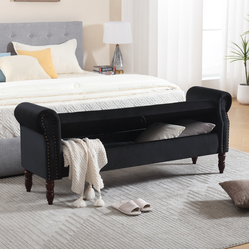 Banc de rangement en velours avec accoudoirs Minaal, H 26,4 po x l 66,9 po x P 16,9 po, Noir