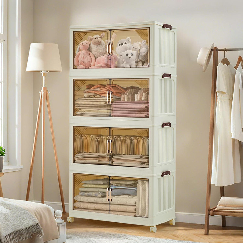 Bacs de rangement empilables avec portes et roues magnétiques, tiroirs de rangement en plastique pliables