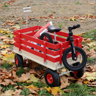 Wooden Wagon Cart With Folding Handle Heavy Duty All-Terrain Kids Wagon For Outdoor Garden Camping Beach & Playtime - Classic Pull-Along Utility Wagon