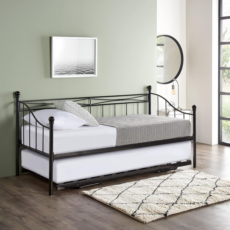 Antwerp Metal Daybed with Trundle and Mattress, Black