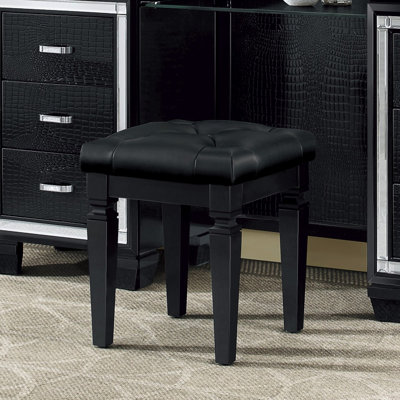 Tabouret de meuble-lavabo moderne 1 pièce, finition noire, revêtement en similicuir à boutons, siège de meuble d'une hauteur de 18,84 po, hauteur totale, structure en bois, rembourrage en mousse