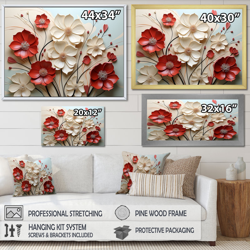 Red And White Crimson Flower S Embrace - Flower Wall Art, 34" H x 44" W, Wrapped Canvas, No Frame