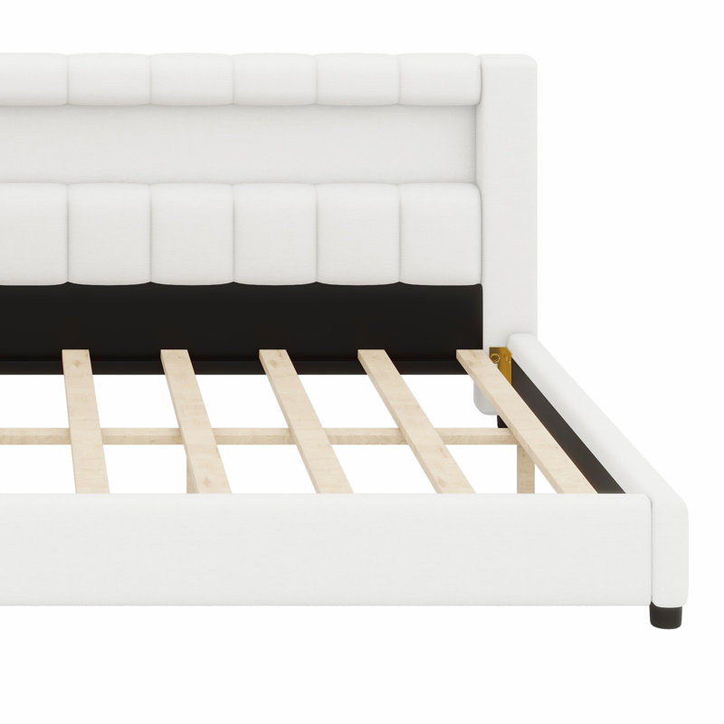 Upholstered Bed Frame with LED Lights and USB Ports for Bedroom, Cream White, Full XL