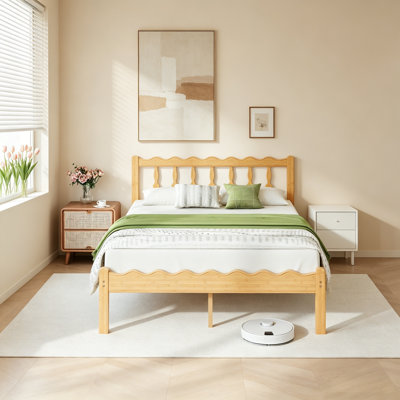 14 Inch Queen Bed Frame, Solid Wood Platform Bed With Curved Wave Headboard & Footboard, No Box Spring Needed For Bedroom, Easy Assembly
