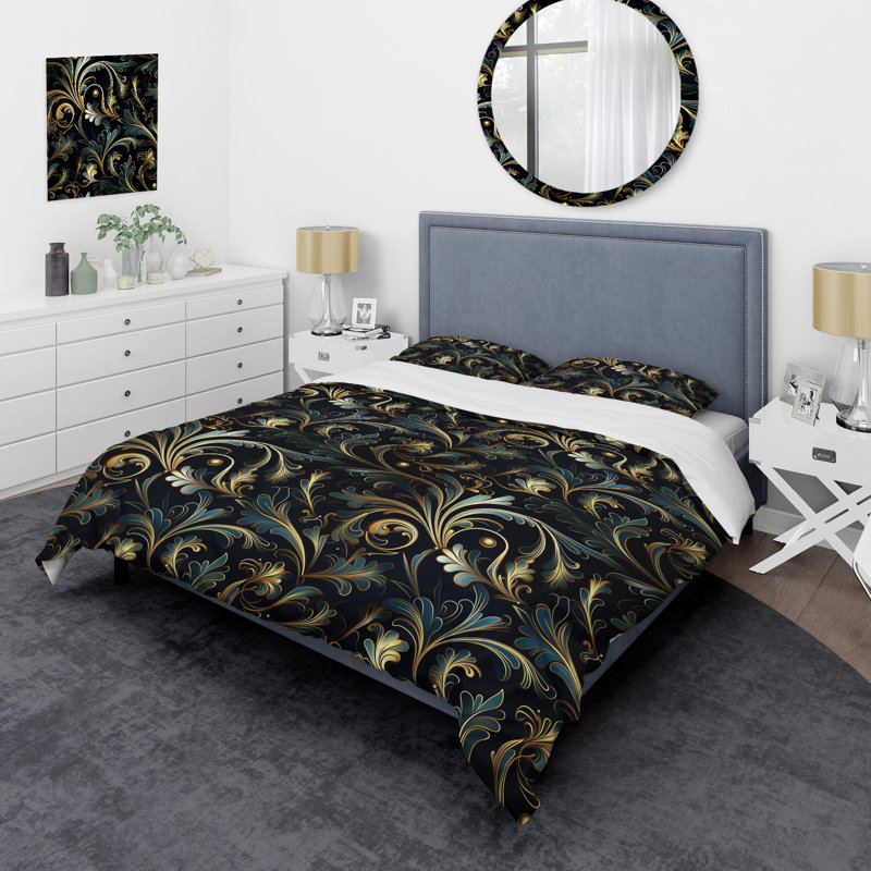 Ensemble de housse de couette doré et vert à motif damassé de luxe II, Housse de couette simple + 1 taie décorative stan