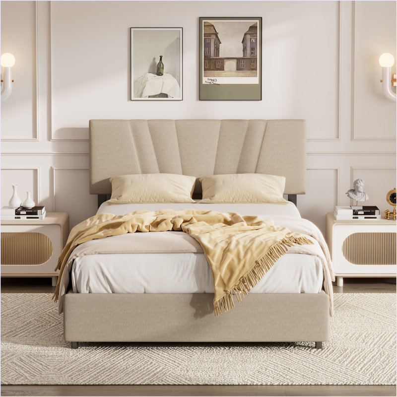 Upholstered Platform Bed With Lifting Storage, Beige, Full