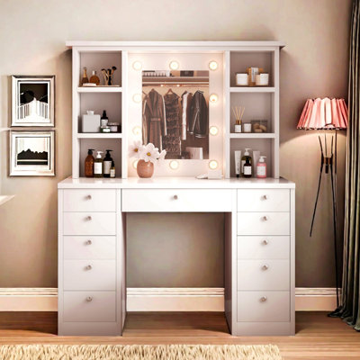 Vanity Desk With Led Lighted Mirror, Makeup Vanity  With 11Drawers, 3 Color Lighting Modes Brightness Adjustable, Hidden Wiring, Dressing Table For Bedroom, White