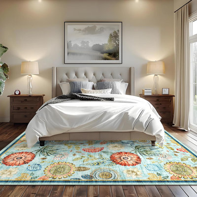 Large Area Rug 9x12 Farmhouse Floral Rug Non Slip, Thin Washable Indoor Carpets, Soft Non Shedding Printed Mats, Low Pile Foldable Floor Covering for Open Spaces Office, Blue