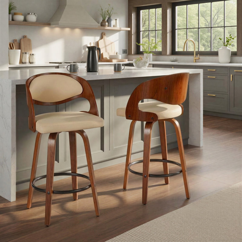 Phoebe 26" Fixed-Height Counter Stools with Bent Wood Legs & Round Footrest (Set of 2), Counter Stool (25.75" Seat Height )