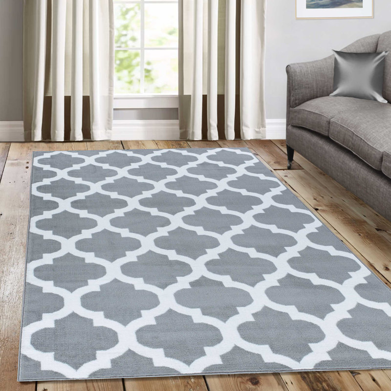Gris abstrait/Tapis décoratif blanc, Rectangle 5 pi 2 po x 7 pi 5 po