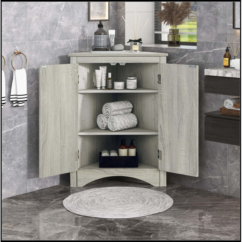 Oak Triangle Bathroom Storage Cabinet With Adjustable Shelves, Freestanding Floor Cabinet For Home Kitchen, Oak