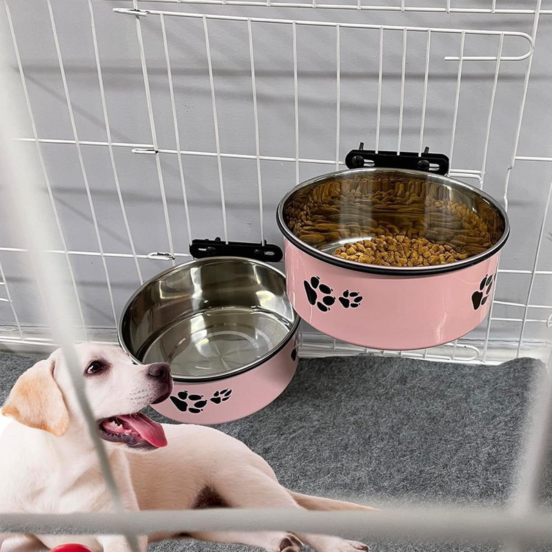 2-Pack Small Pet Hanging Kennel Bowls – Removable No-Spill Feeding Cups With Holder For Medium & Large Cats And Puppies – Pink
