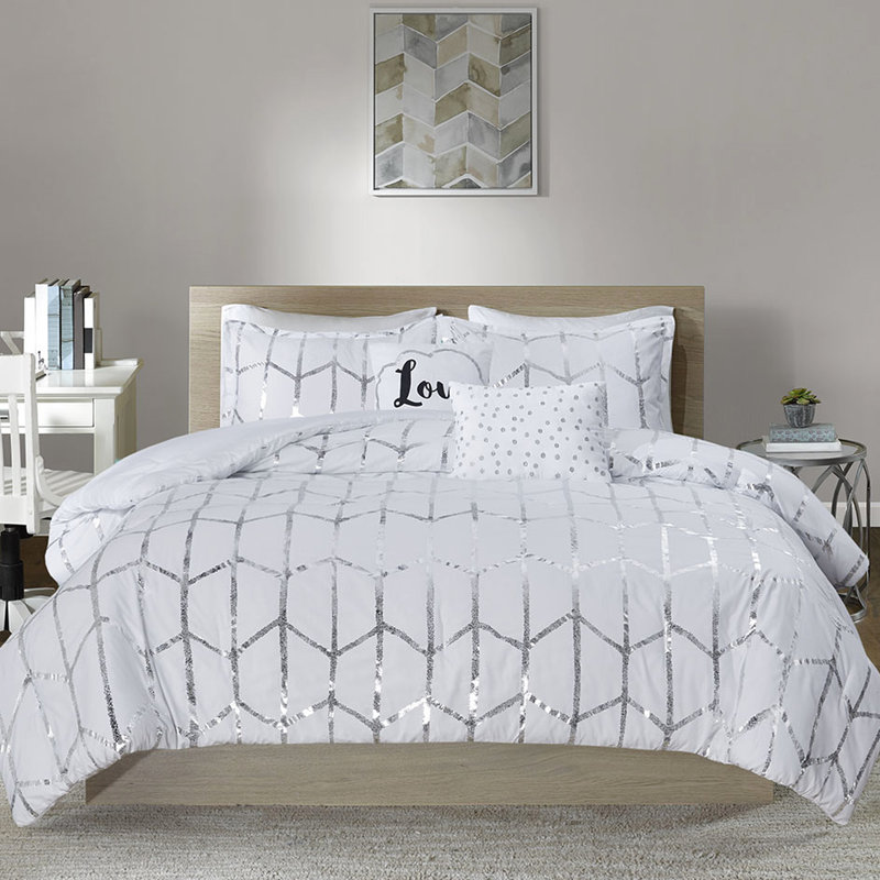 Édredon simple / simple TG métallique - Motif géométrique argenté accrocheur sur fond blanc, doux, 2 taies décoratives, coussins décoratifs, édredon blanc imprimé à froid, lavage en machine, facile d'entretien