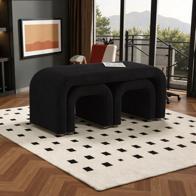 Set of 3 U-Shaped Ottoman Benches with Teddy Fabric, 44 Inch and 18 Inch Footrest Seating