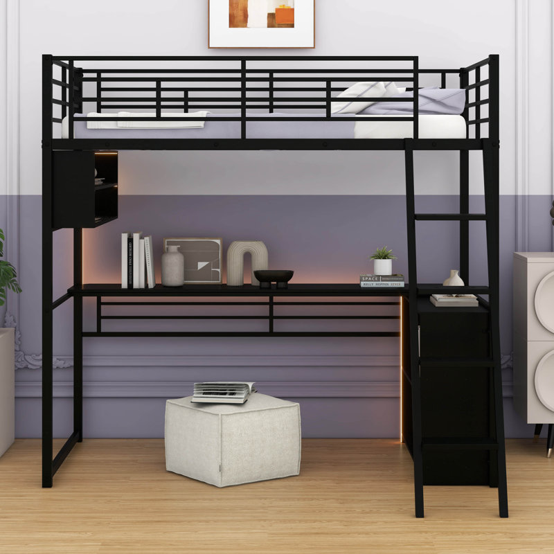 Loft Bed With Built-In Desk, Metal Twin Size Loft Bed Frame With LED And 4 Storage Shelves