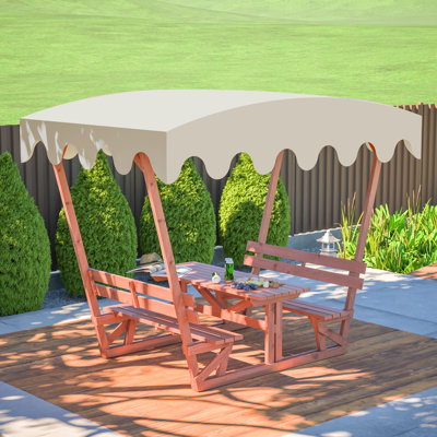 Table et banc de pique-nique en bois massif toutes saisons avec auvent amovible. Fabrication, plateau de table de 1,06 pouce d'épaisseur pour six adultes. Toile imperméable à l'abri des rayons du soleil. Bancs ergonomiques