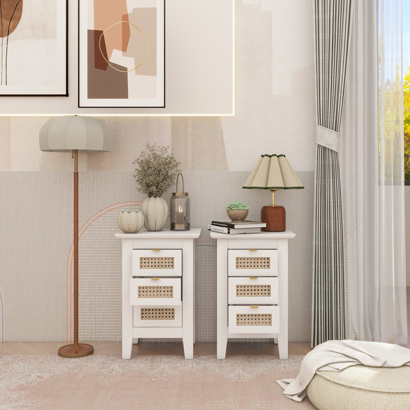 Nightstands Set Of 2 With Rattan-Woven Surfaces And Three Drawers, Exquisite Elegance With Storage Solutions For Bedroom