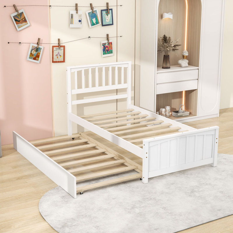 Lit plateforme simple en bois avec lit gigogne simple et tête de lit, Blanc