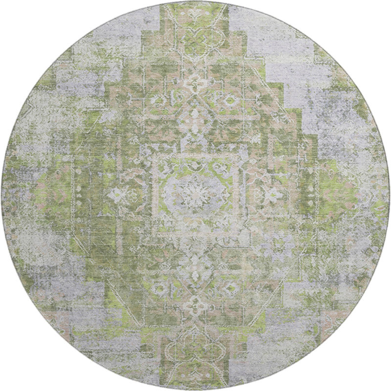 Premium Machine Washable Mayfield AMF2140 global Rug, Aloe, 8' Round