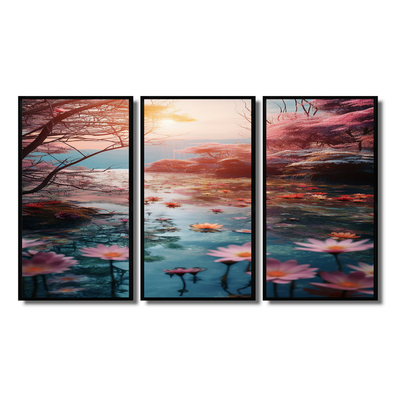 Rivière rose avec fleurs de lotus rose - lotus, Cadre flottant noir, H 28 po x l 36 po x P 1 po