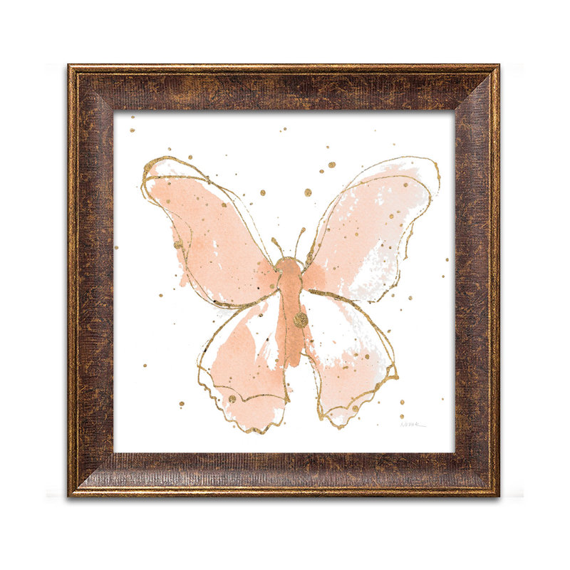 Papillons dorés II, aquarelle rosée, Papier encadré patiné, H 12 po x l 12 po x P 0,75 po