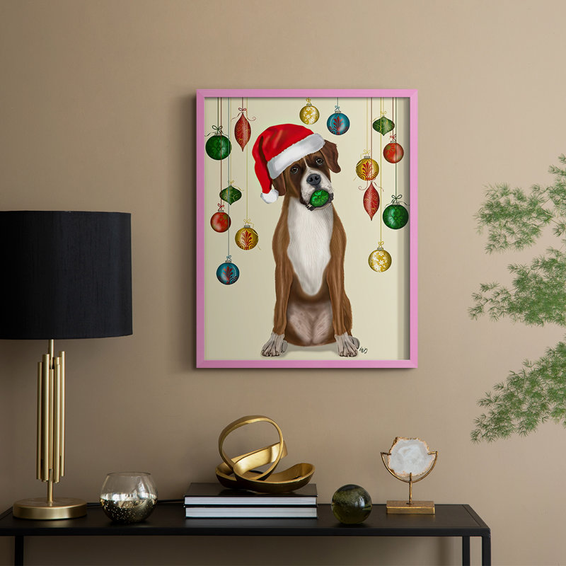 «Christmas Boxer and Bauble Ball», reproduction encadrée - bois massif, H 11 po x l 9 po, Rose