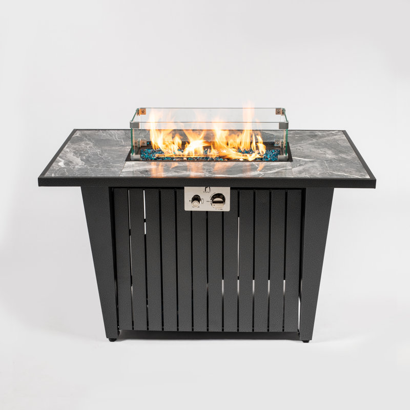 25'' H x 32'' W Raelynn Outdoor Propane Fire Pit Table: Unique Fence Base, Marble Ceramic Tabletop, Glass Wind Guard, Lid, Hideaway Gas Tank Seat, 50,000 BTU