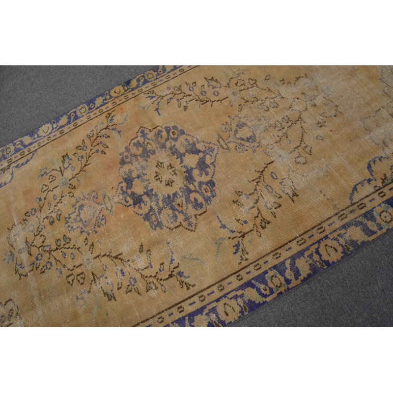 Tapis turc rétro Oushak rétro - idéal pour les planchers de bureau et les objets décoratifs d'intérieur bleu / brun