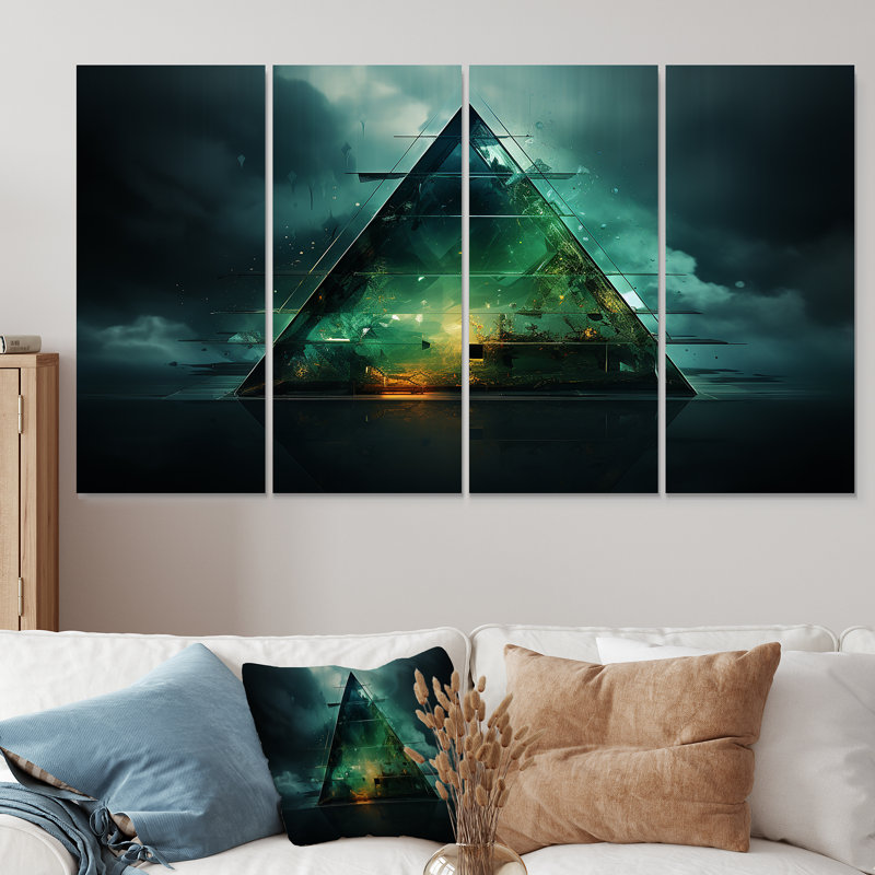 «Green Abstract Echoes Of Piramid II - Abstract Geometric», 4 pièces, H 28 po x l 48 po