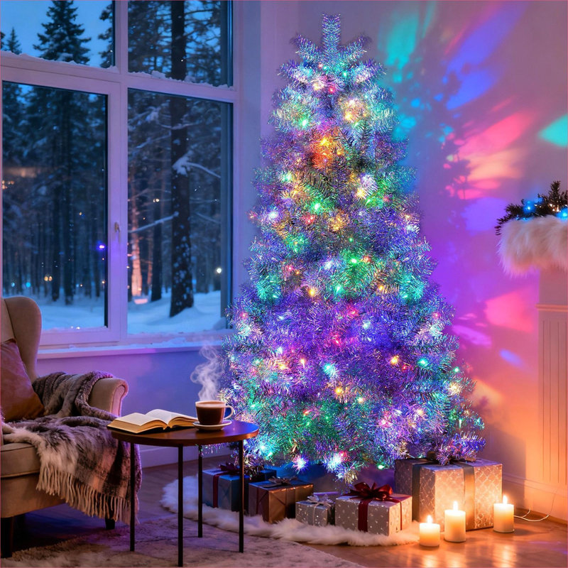 Arbre de Noël artificiel à charnières extra plein pré-éclairé, 6 pi de hauteur, finition argentée, fabrication en PVC avec support en métal inclus