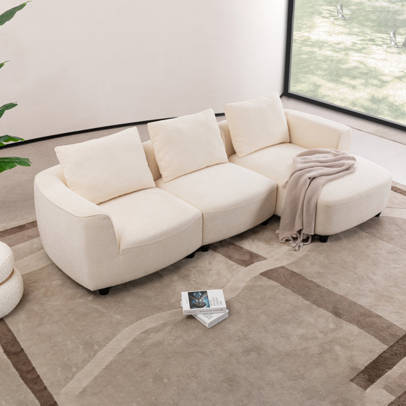 Canapé moderne de style Mid-Century à trois places avec repose-pieds rembourré Modern, Blanc