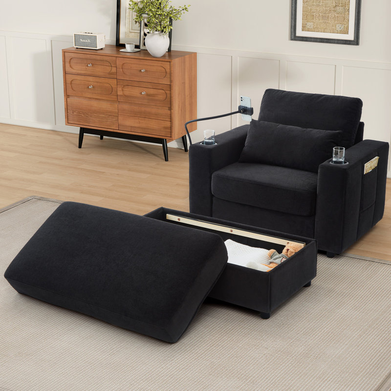 Upholstered Armchair With Storage Ottoman & USB Ports, Black