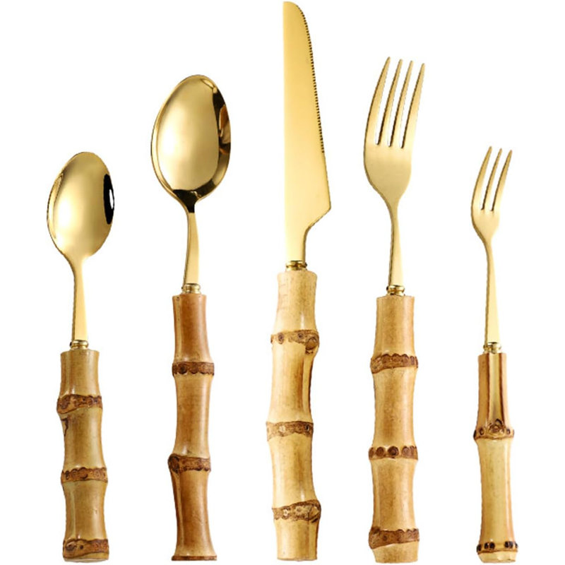 Bamboo Handle Stainless Steel Flatware Set - 30 Pieces Knives, Forks, Spoons For Home Or Restaurant