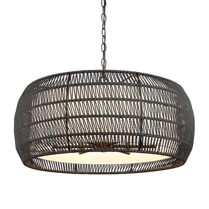 Chapple 6 - Light Steel Dimmable Drum Chandelier, Modern Black Rattan