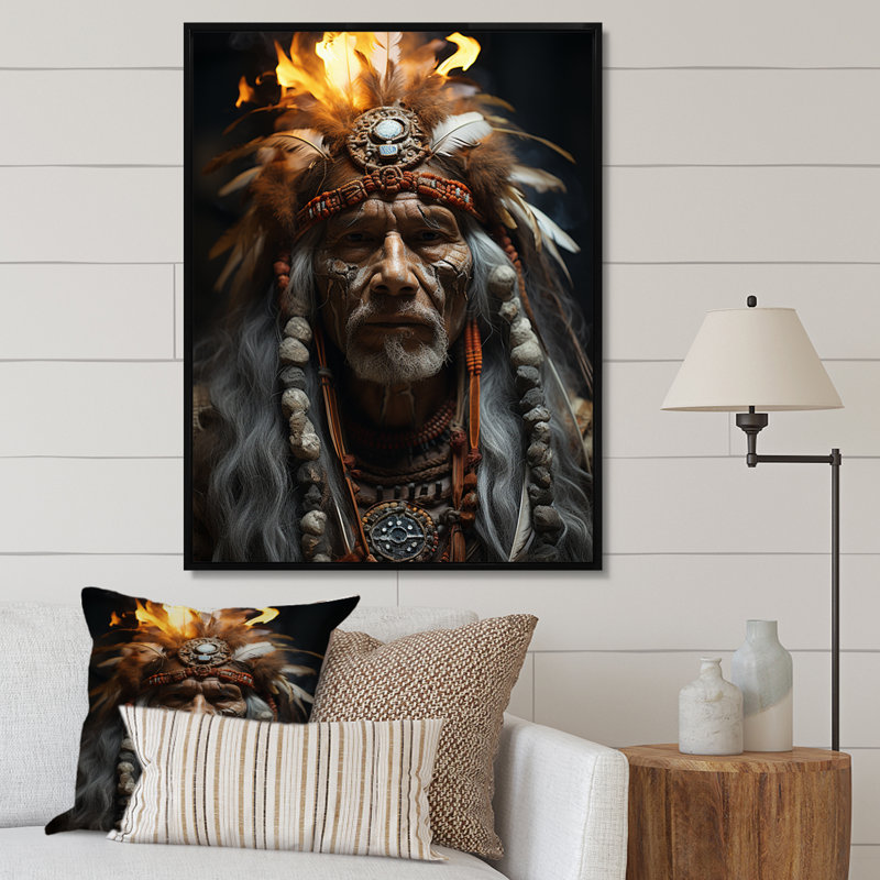 Native Art Shamans Portrait II - Impression sur toile Native American, H 32 po x l 24 po x P 1 po, Cadre flottant noir