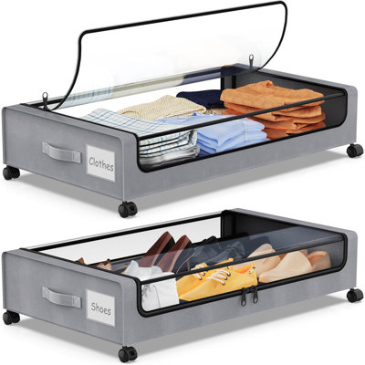Ensemble de 2 bacs de rangement sous le lit à roulettes gris