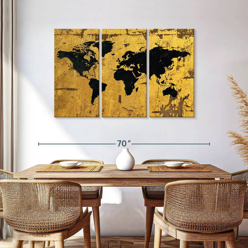 Aliaz noir sur carte du monde dorée, H 36 po x l 57 po