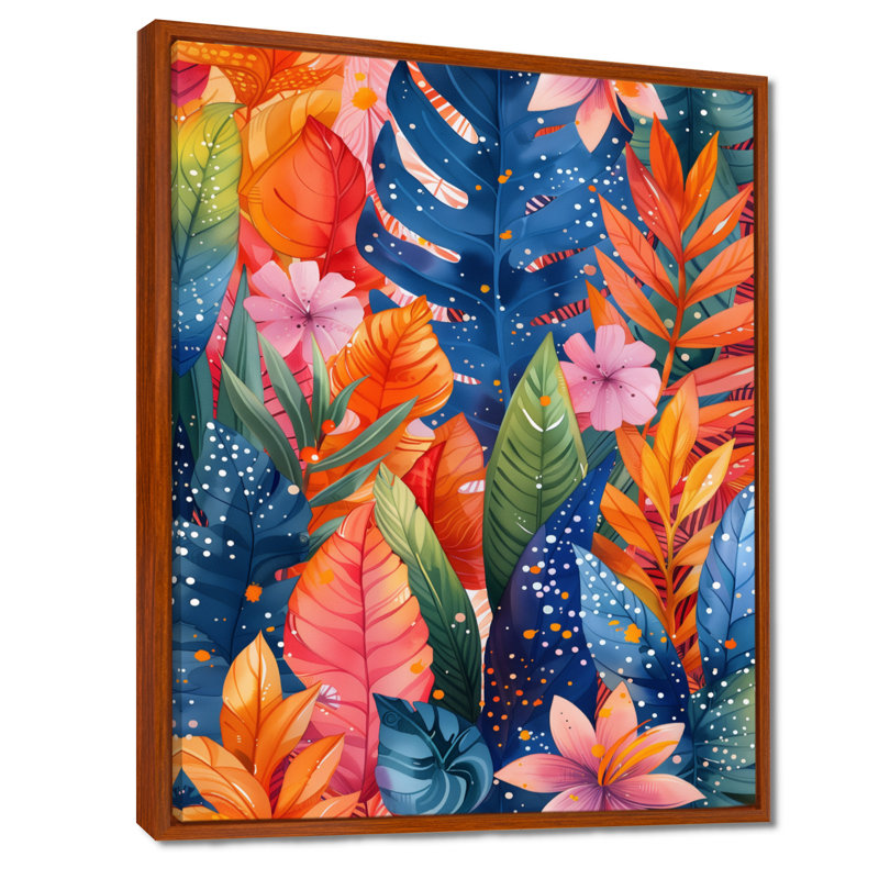 «Botanical Orange Blue Palm Leaves - Palmiers et palmiers», art mural, H 24 po x l 32 po, Cadre flottant brun, bois massif