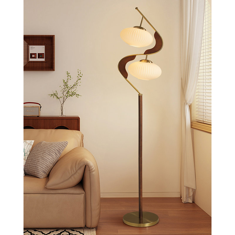 French Vintage-Style Solid Wood, Iron & Glass Floor Lamp