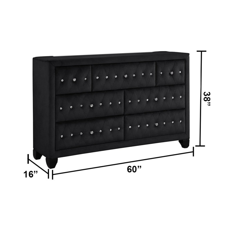 Commode à 7 tiroirs capitonnée en cristal Sophia Modern Style avec tissu en velours noir, Noir