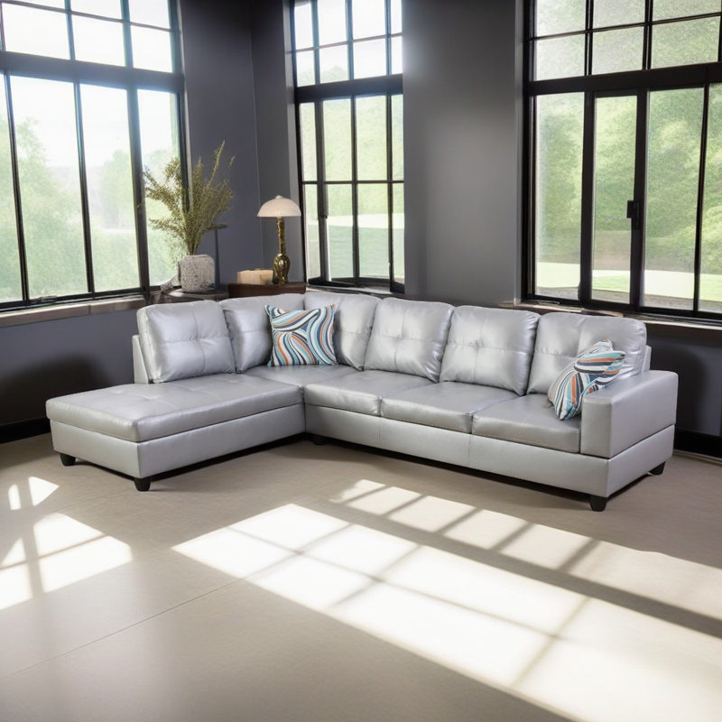 Bawan Faux Leather L-Shaped Sectional, Left Hand Facing, Silver/White Faux Leather