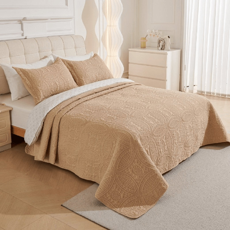 Ensemble de couvre-lit 3 pièces à motif floral réversible, Beige, Couvre-lit de grande taille et 2 taies décorative